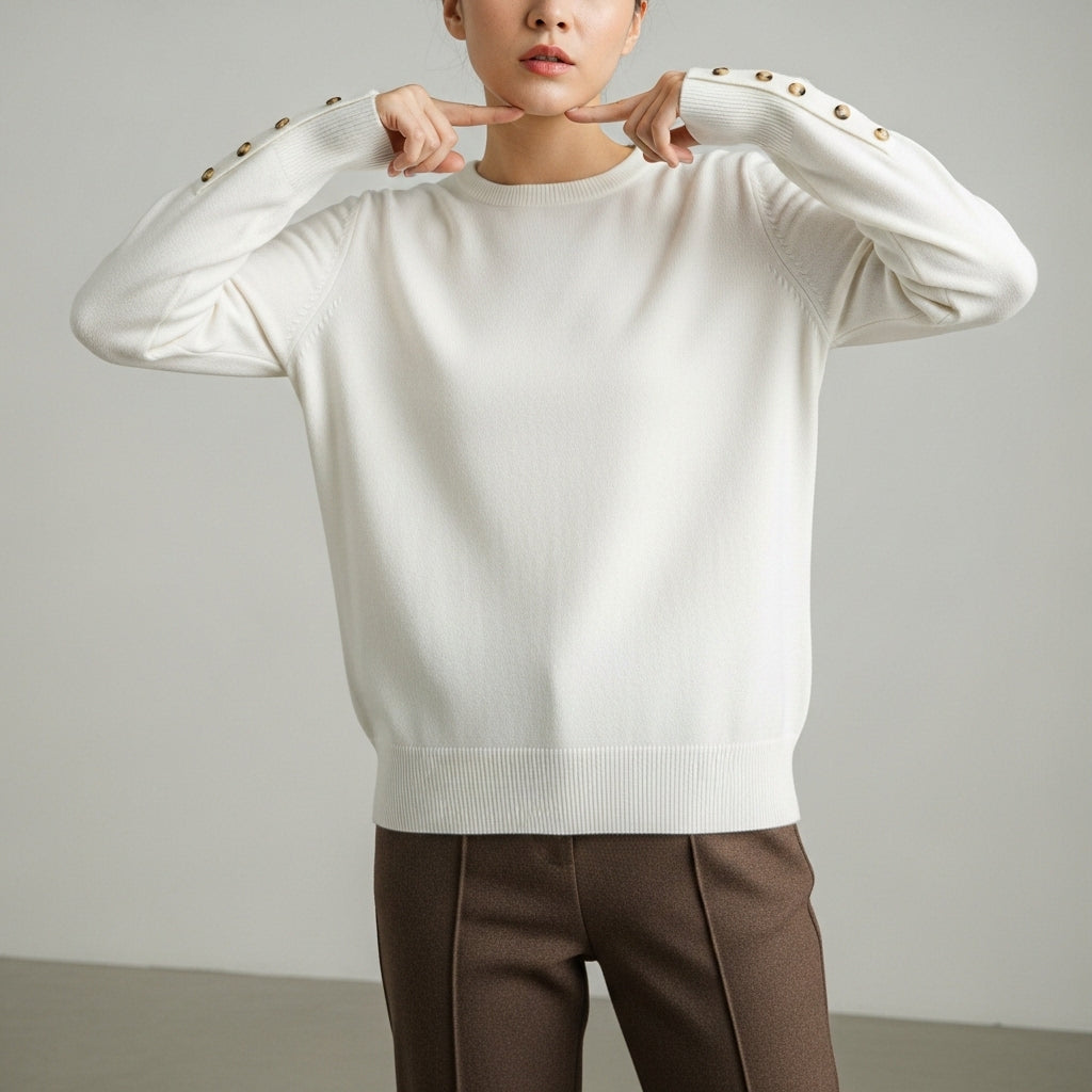 Women's long sleeve crew neck sweater with button details