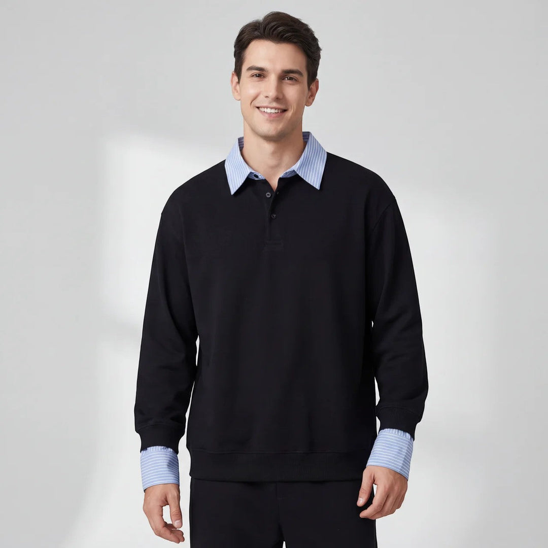 Men's collared sweatshirt with striped collar and button placket