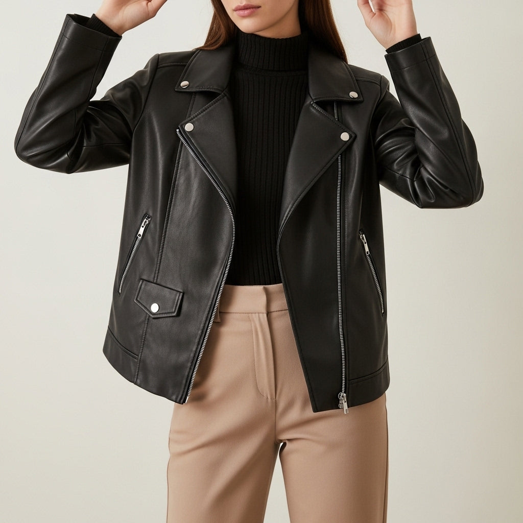 Women's long-sleeve leather biker jacket with notched collar and zip pockets