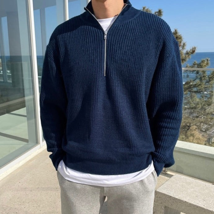 Men's ribbed half-zip jumper with mock neck and long sleeves