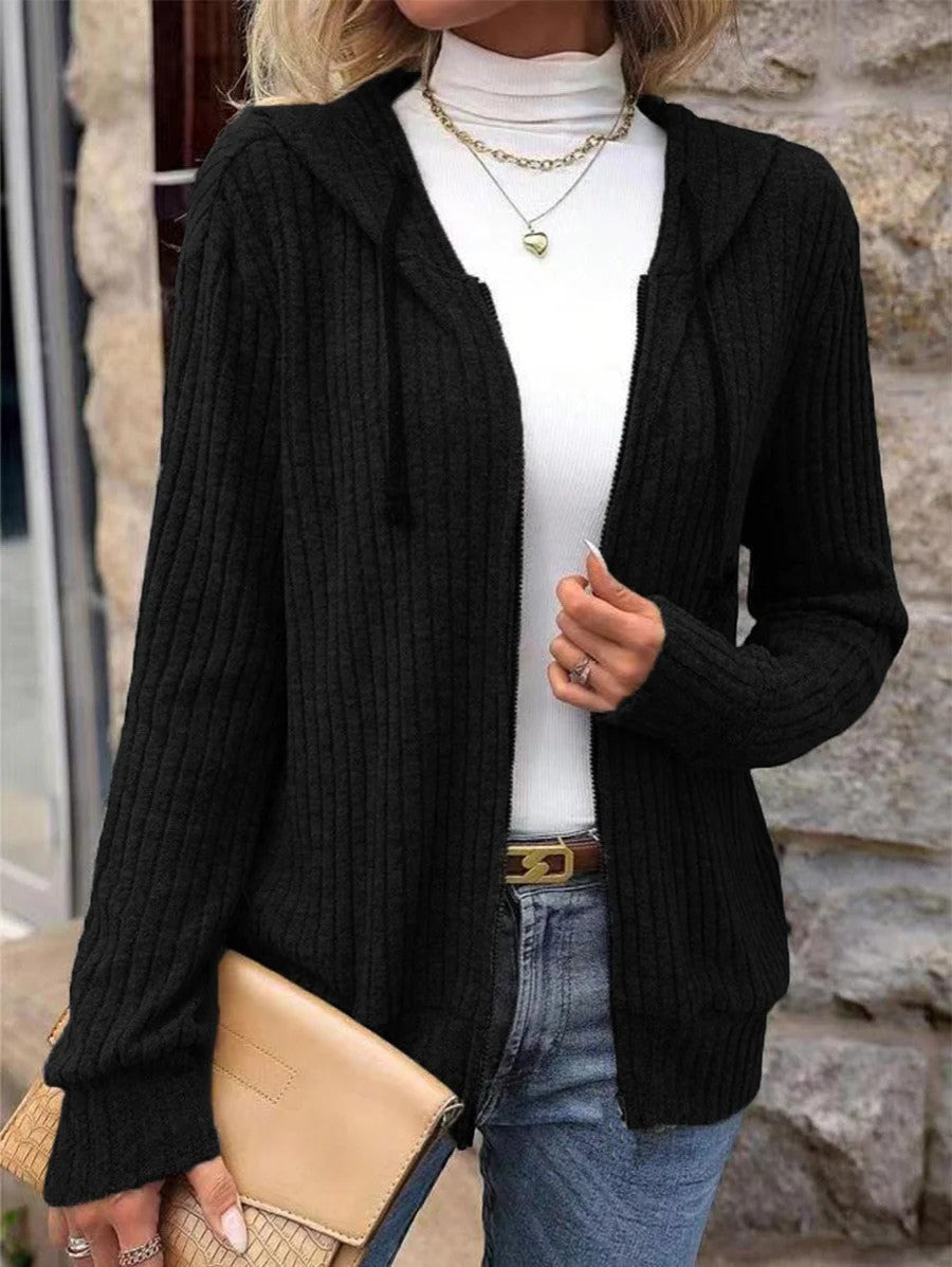 Women's ribbed hooded cardigan with full-zip front and long sleeves
