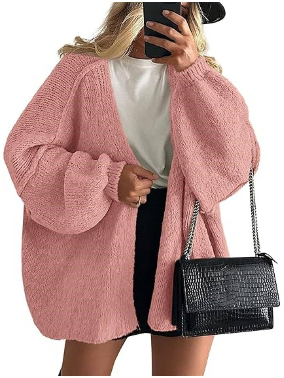 Women's oversized open-front knitted cardigan with long lantern sleeves