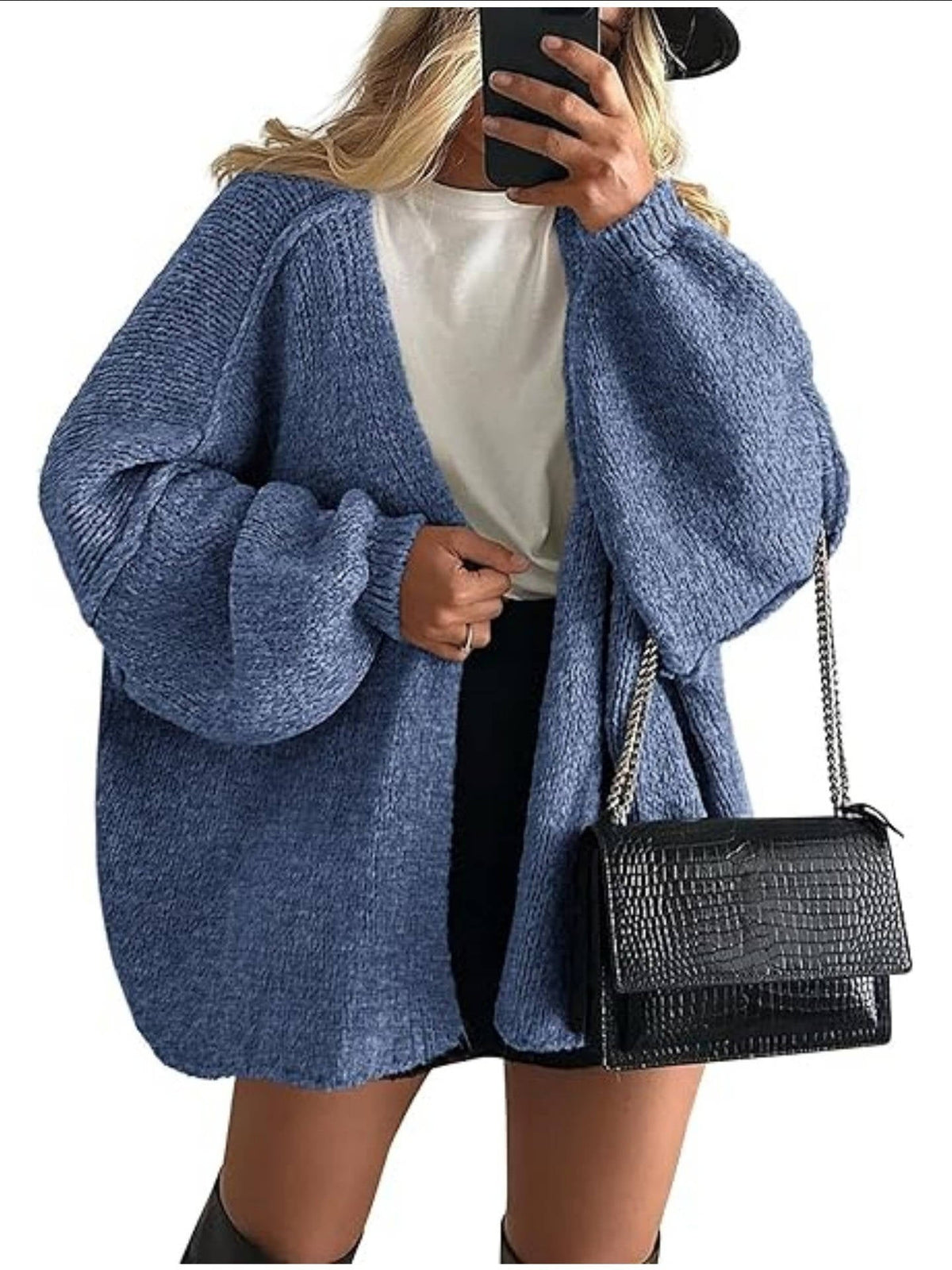Women's oversized open-front knitted cardigan with long lantern sleeves