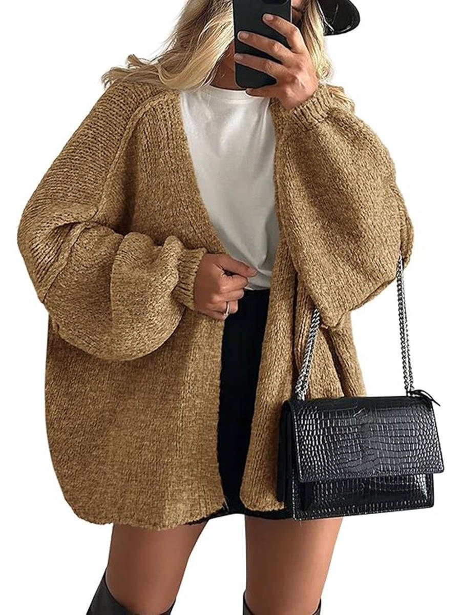 Women's oversized open-front knitted cardigan with long lantern sleeves