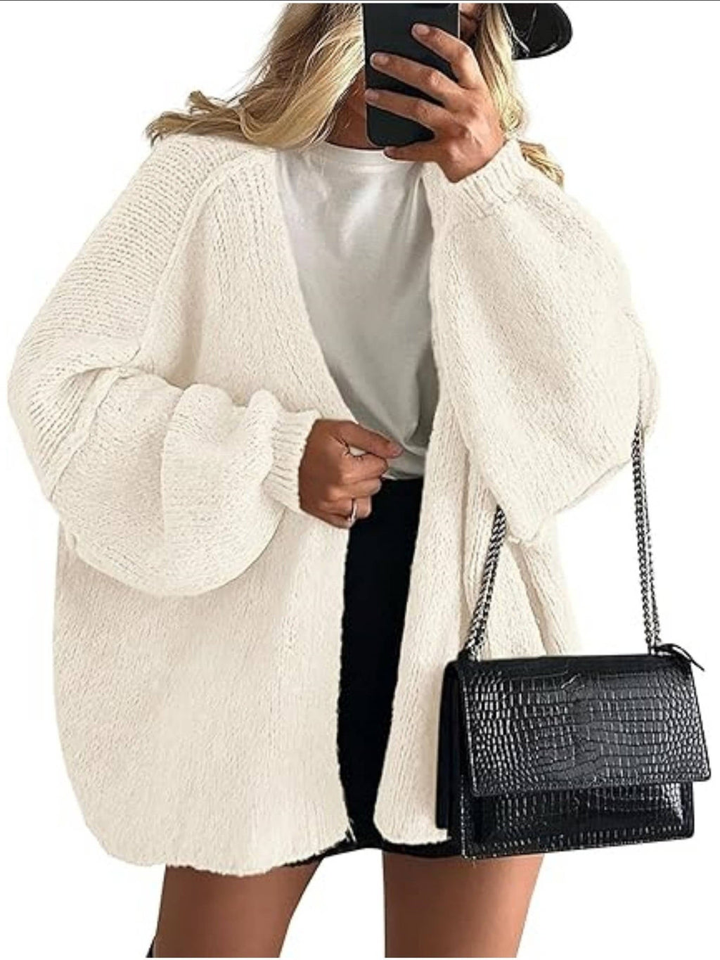 Women's oversized open-front knitted cardigan with long lantern sleeves
