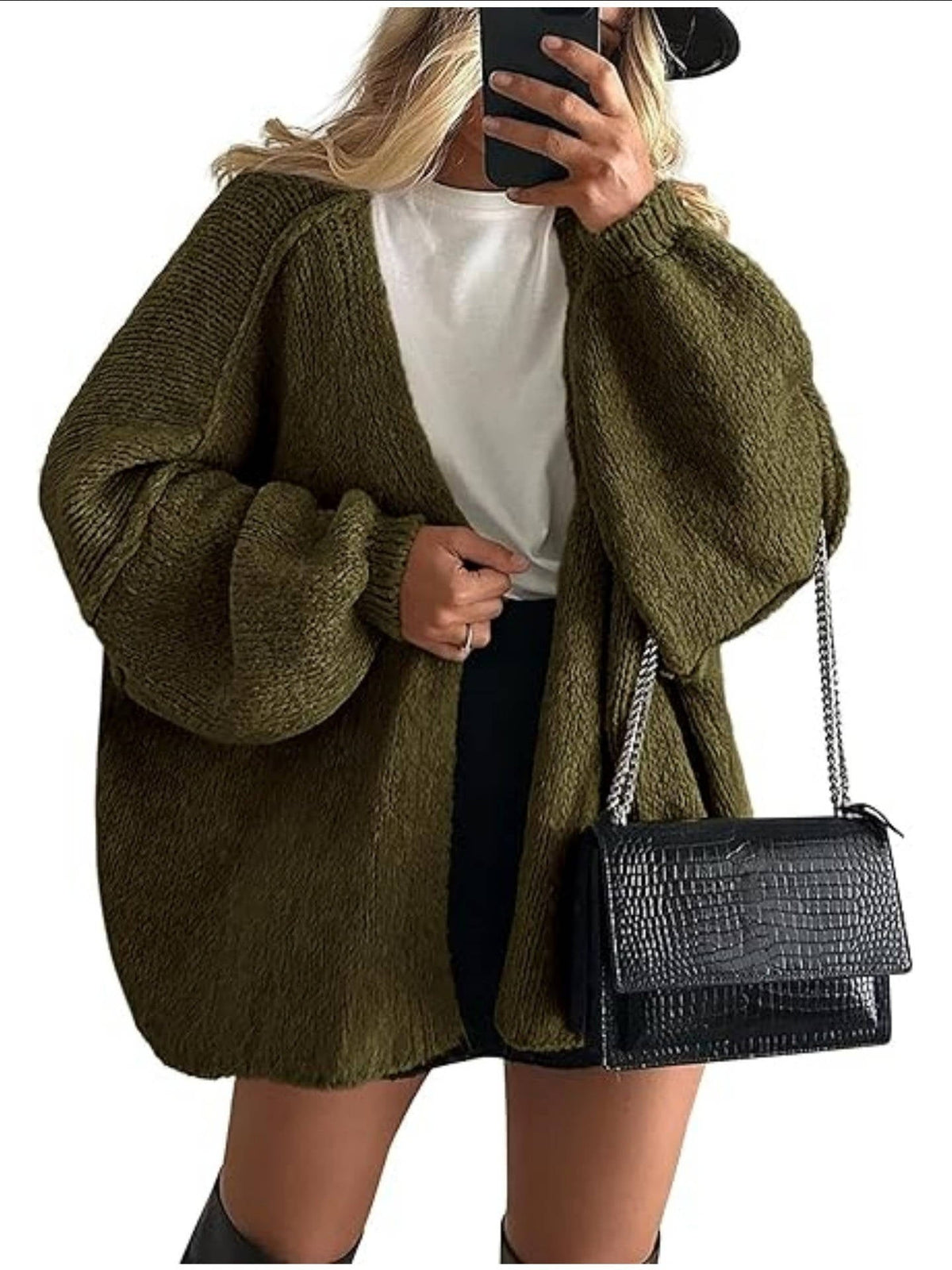 Women's oversized open-front knitted cardigan with long lantern sleeves