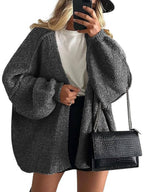 Women's oversized open-front knitted cardigan with long lantern sleeves