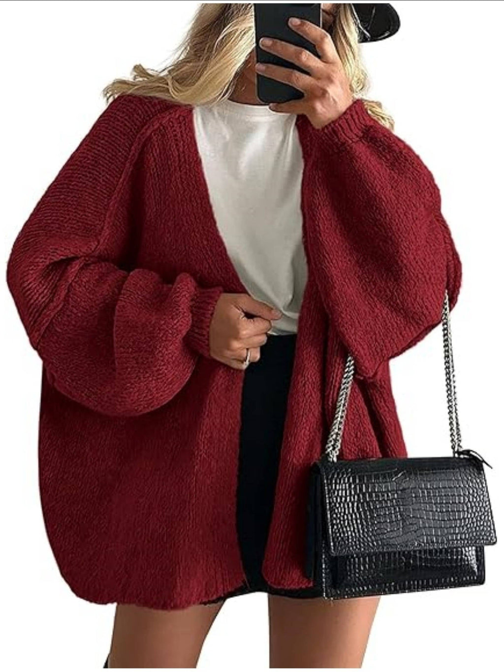 Women's oversized open-front knitted cardigan with long lantern sleeves
