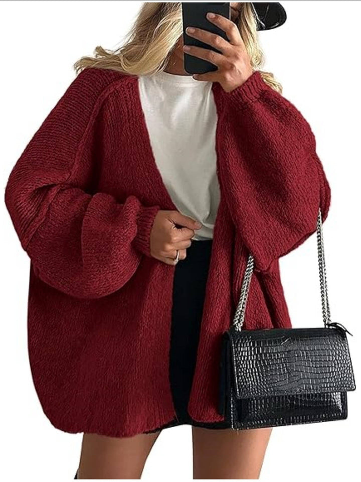 Women's oversized open-front knitted cardigan with long lantern sleeves