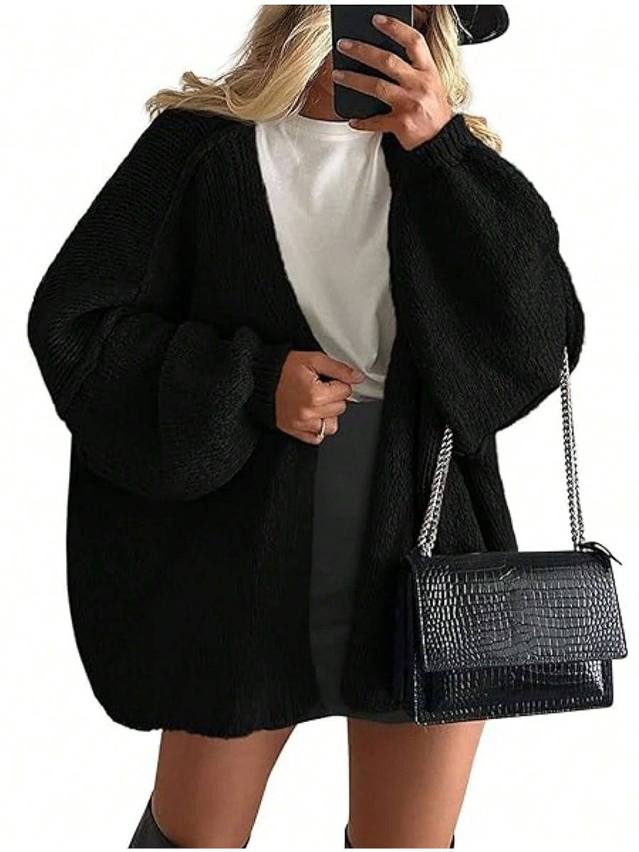 Women's oversized open-front knitted cardigan with long lantern sleeves