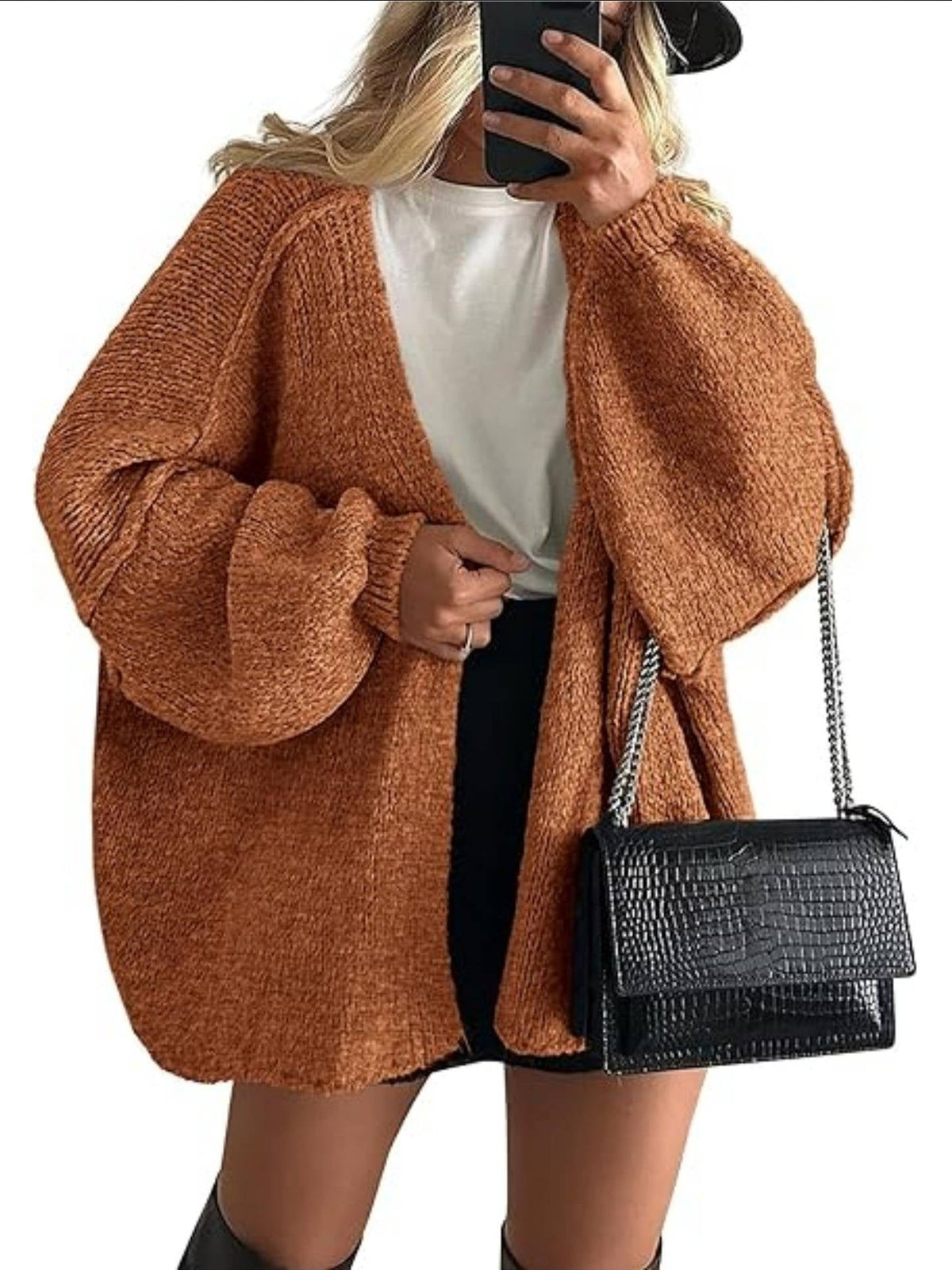 Women's oversized open-front knitted cardigan with long lantern sleeves