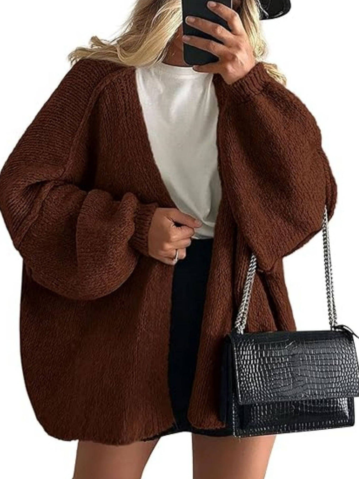 Women's oversized open-front knitted cardigan with long lantern sleeves