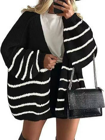 Women's oversized open-front knitted cardigan with long lantern sleeves