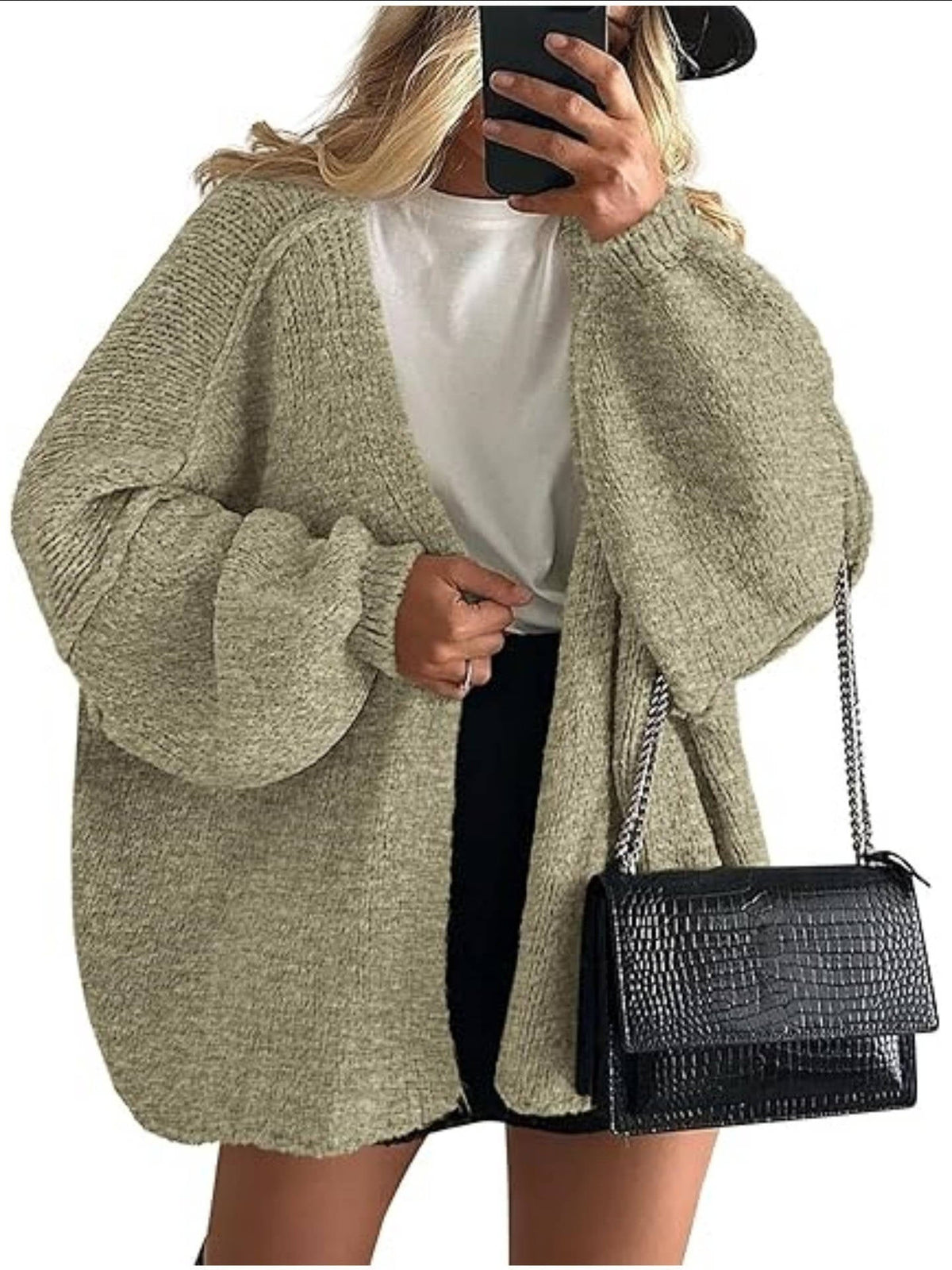 Women's oversized open-front knitted cardigan with long lantern sleeves
