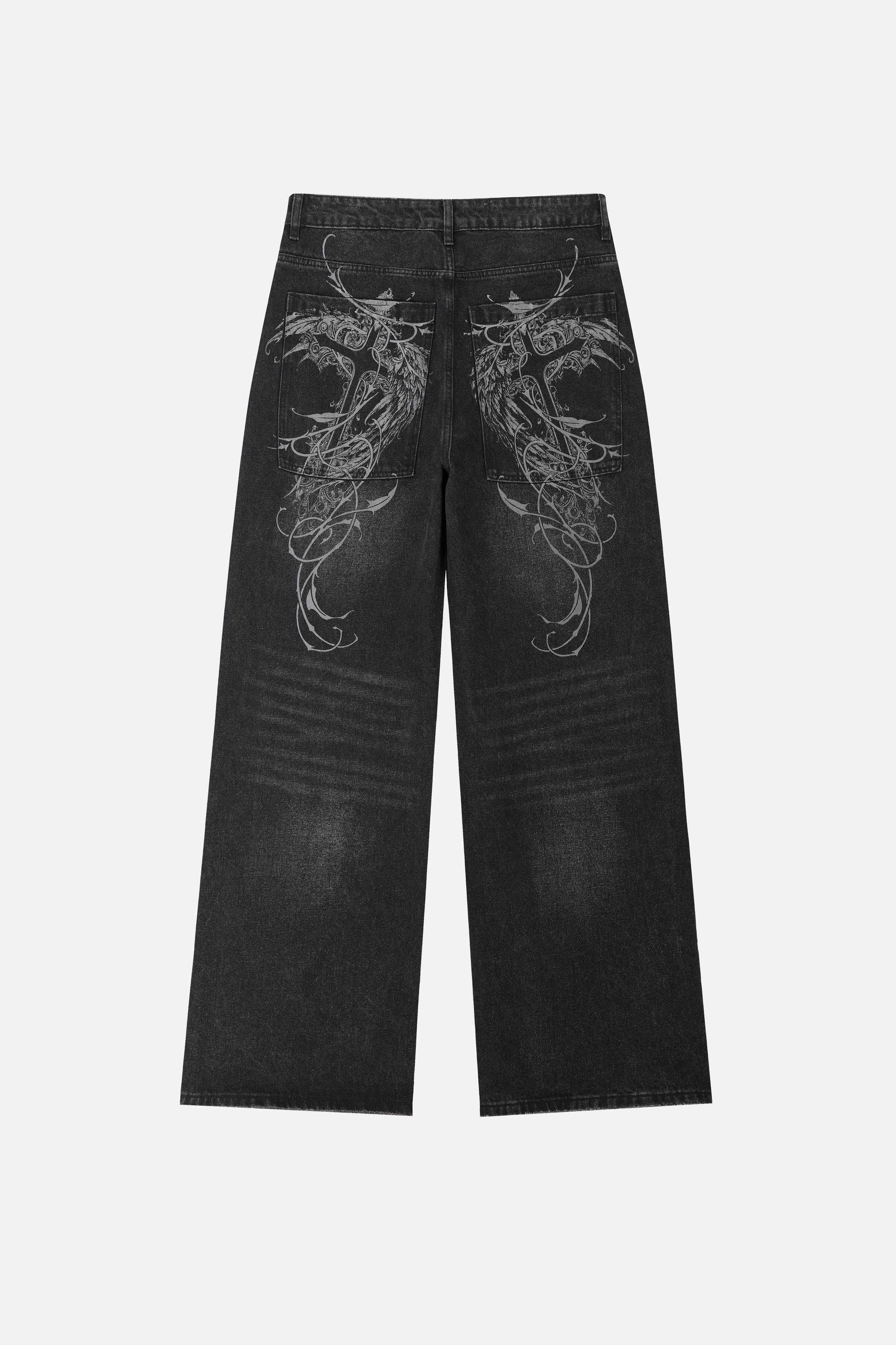 Men's black wide-leg jeans with graphic back pockets and gathered hems