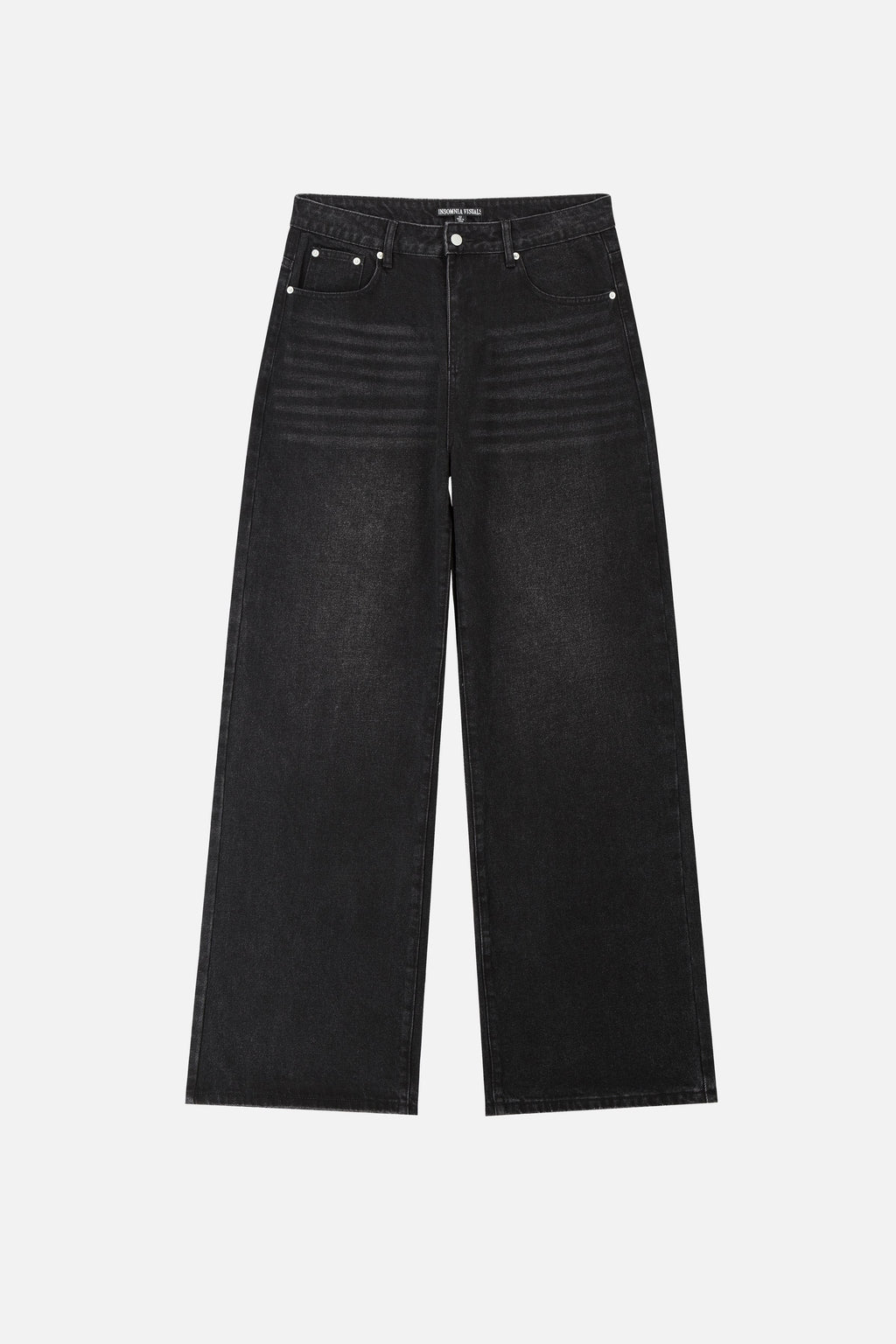 Men's black wide-leg jeans with graphic back pockets and gathered hems