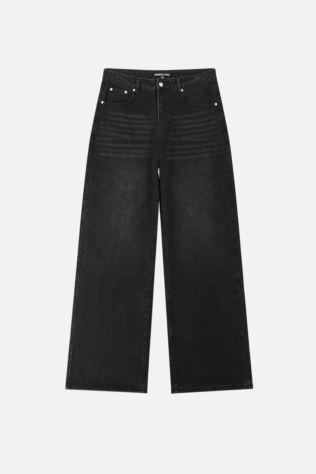 Men's black wide-leg jeans with graphic back pockets and gathered hems