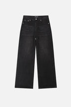 Men's black wide-leg jeans with graphic back pockets and gathered hems