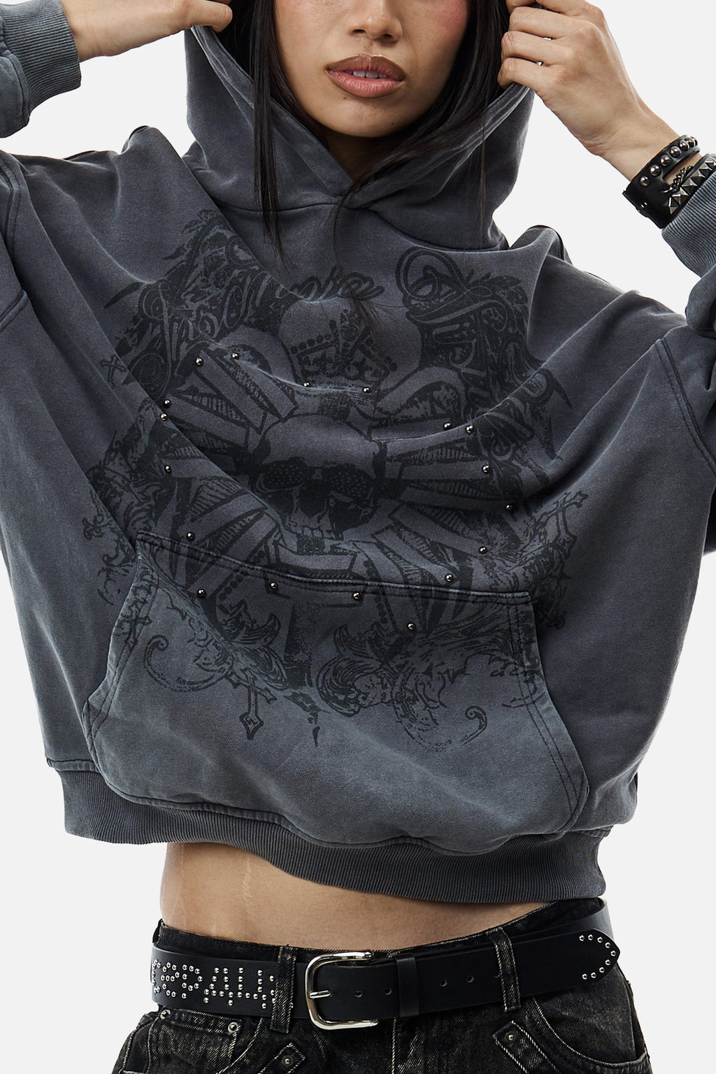 Men's grey graphic hoodie with hood and dark crest-inspired front print