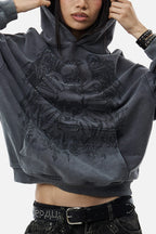Men's grey graphic hoodie with hood and dark crest-inspired front print
