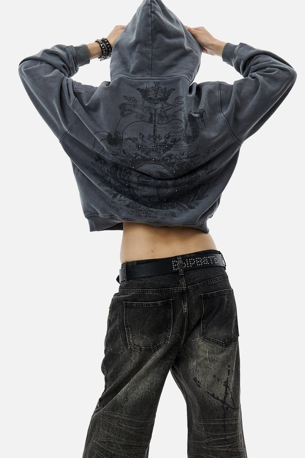 Men's grey graphic hoodie with hood and dark crest-inspired front print