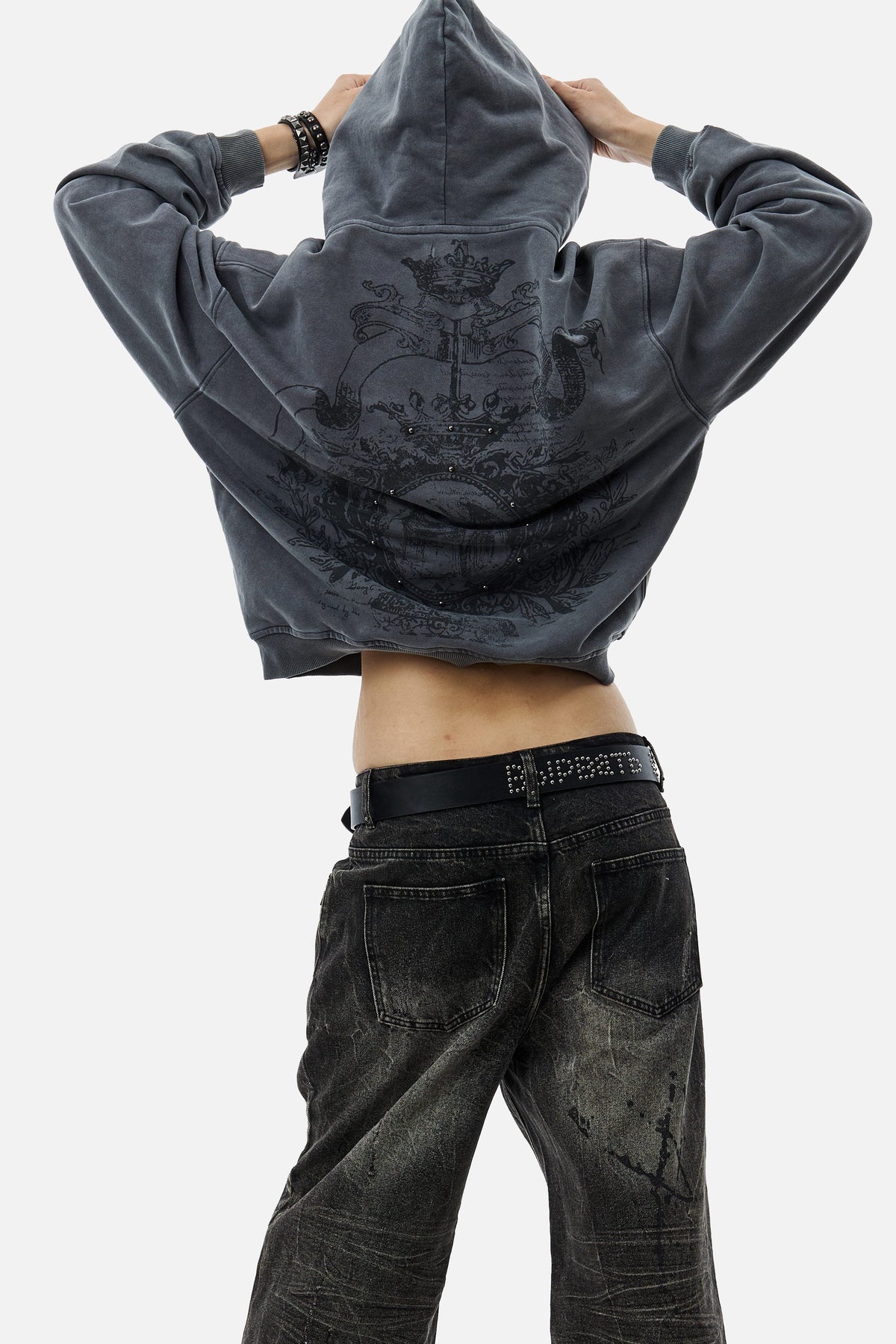 Men's grey graphic hoodie with hood and dark crest-inspired front print