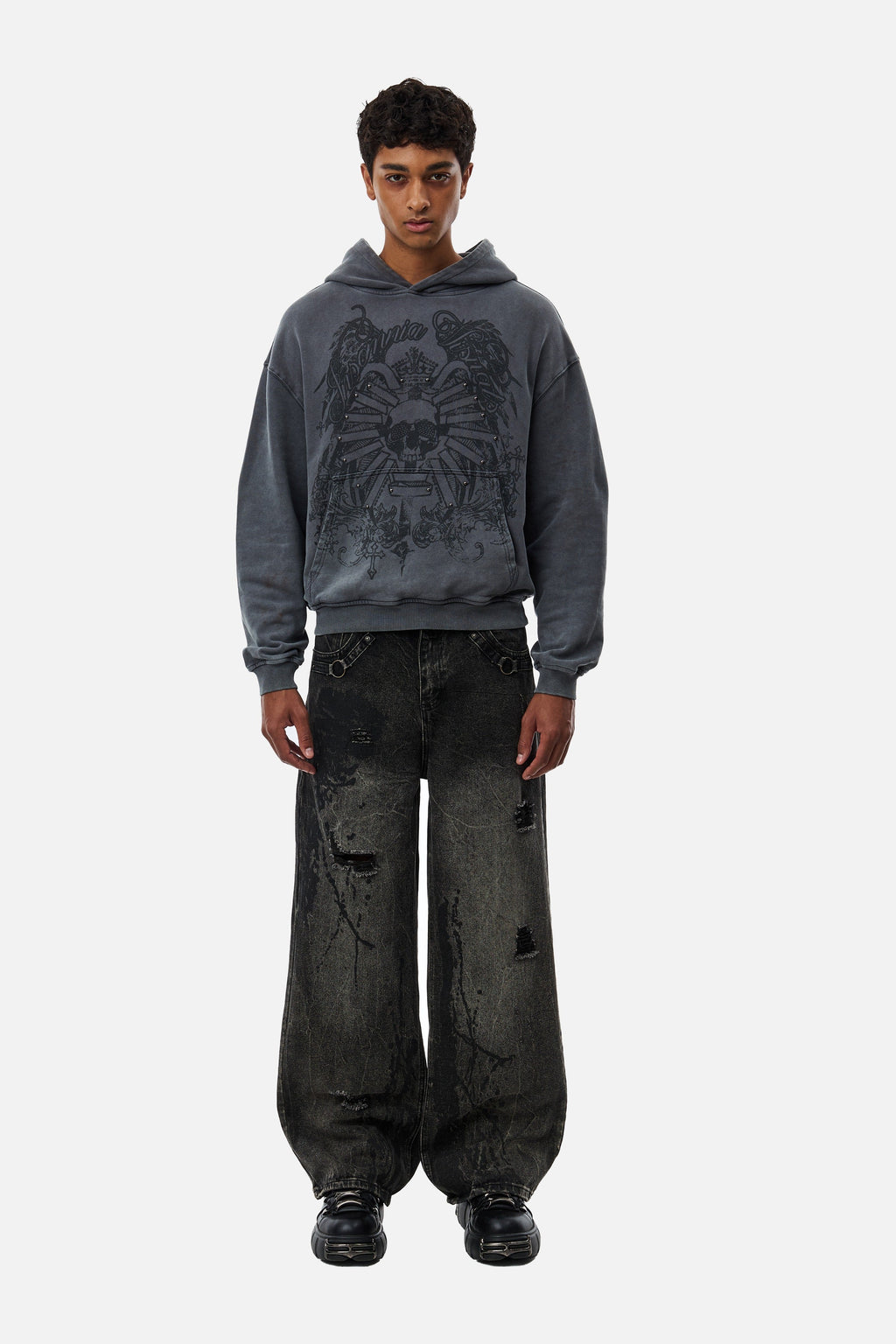 Men's grey graphic hoodie with hood and dark crest-inspired front print