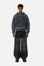 Men's grey graphic hoodie with hood and dark crest-inspired front print