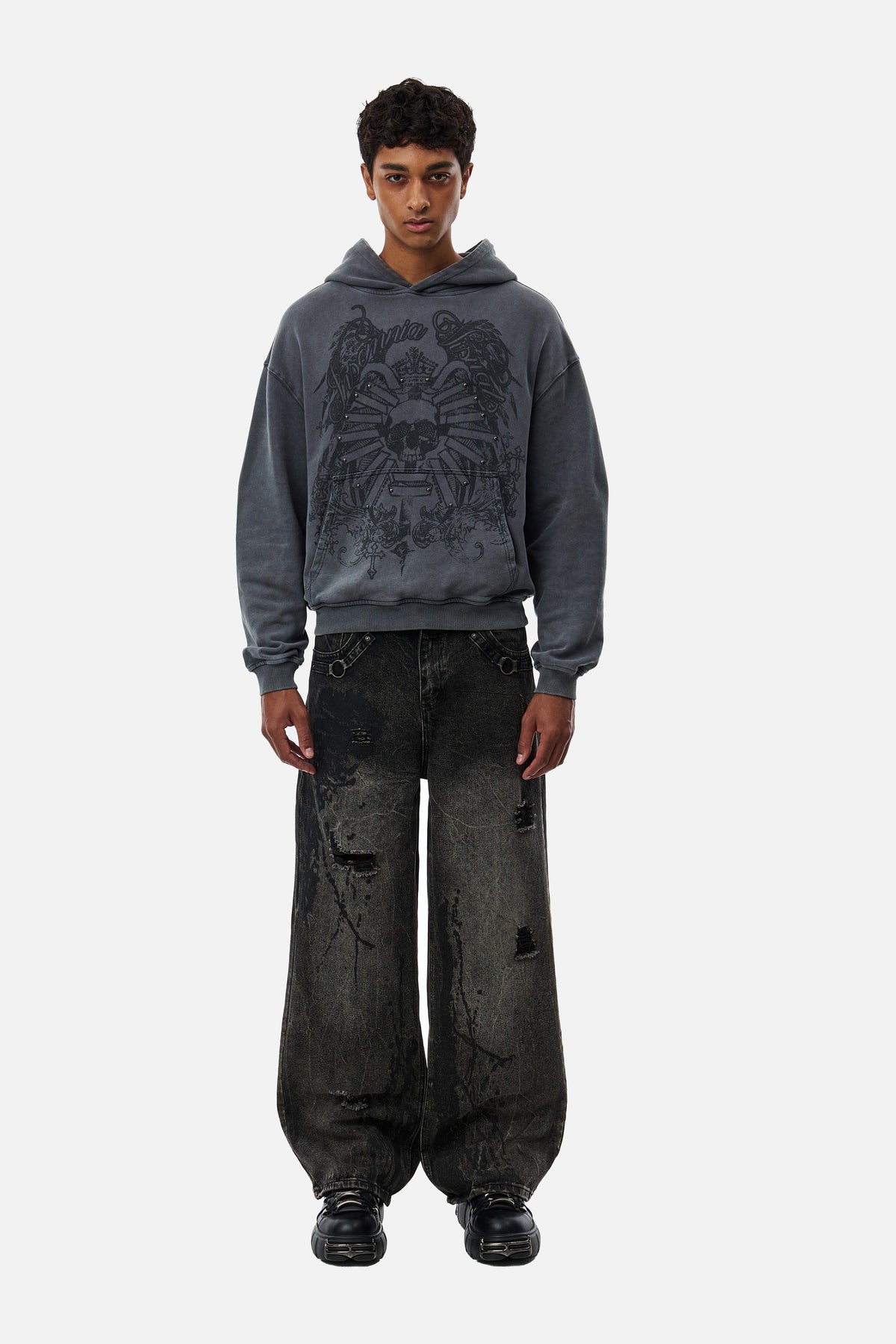 Men's grey graphic hoodie with hood and dark crest-inspired front print