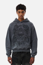 Men's grey graphic hoodie with hood and dark crest-inspired front print