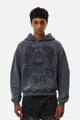 Men's grey graphic hoodie with hood and dark crest-inspired front print