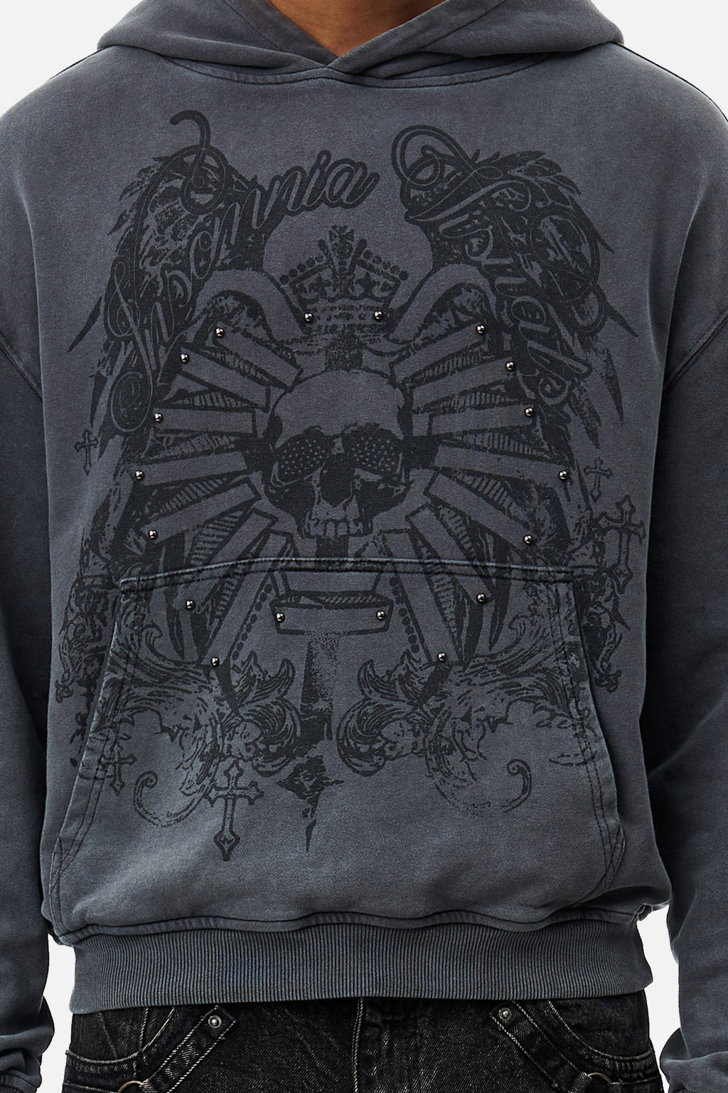 Men's grey graphic hoodie with hood and dark crest-inspired front print