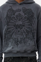 Men's grey graphic hoodie with hood and dark crest-inspired front print
