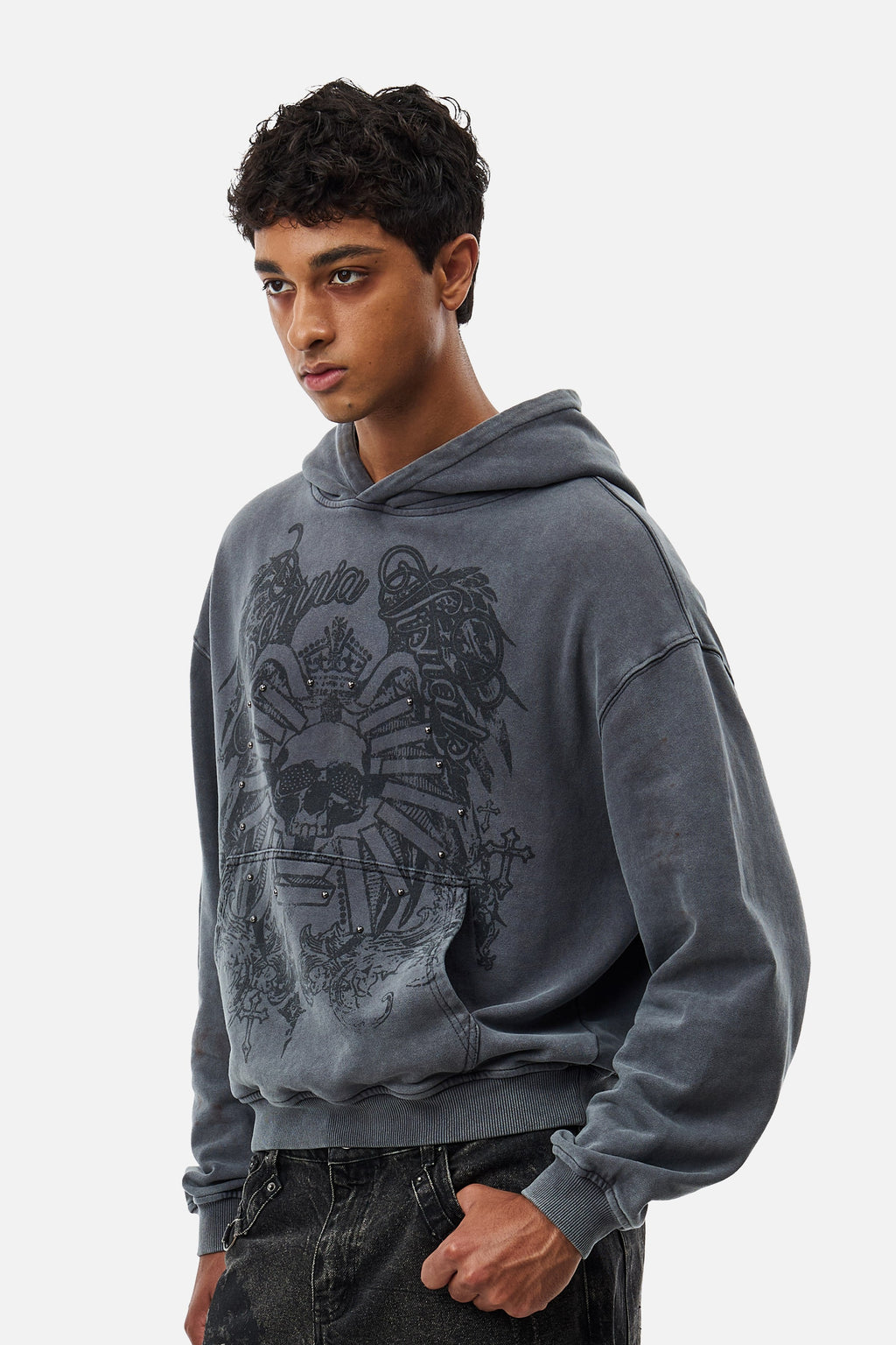 Men's grey graphic hoodie with hood and dark crest-inspired front print