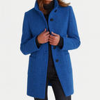 Women's longline coat with high collar, button front and patch pockets
