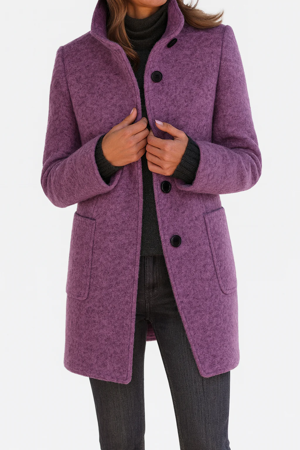 Women's longline coat with high collar, button front and patch pockets