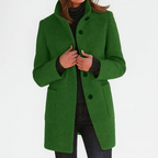 Women's longline coat with high collar, button front and patch pockets