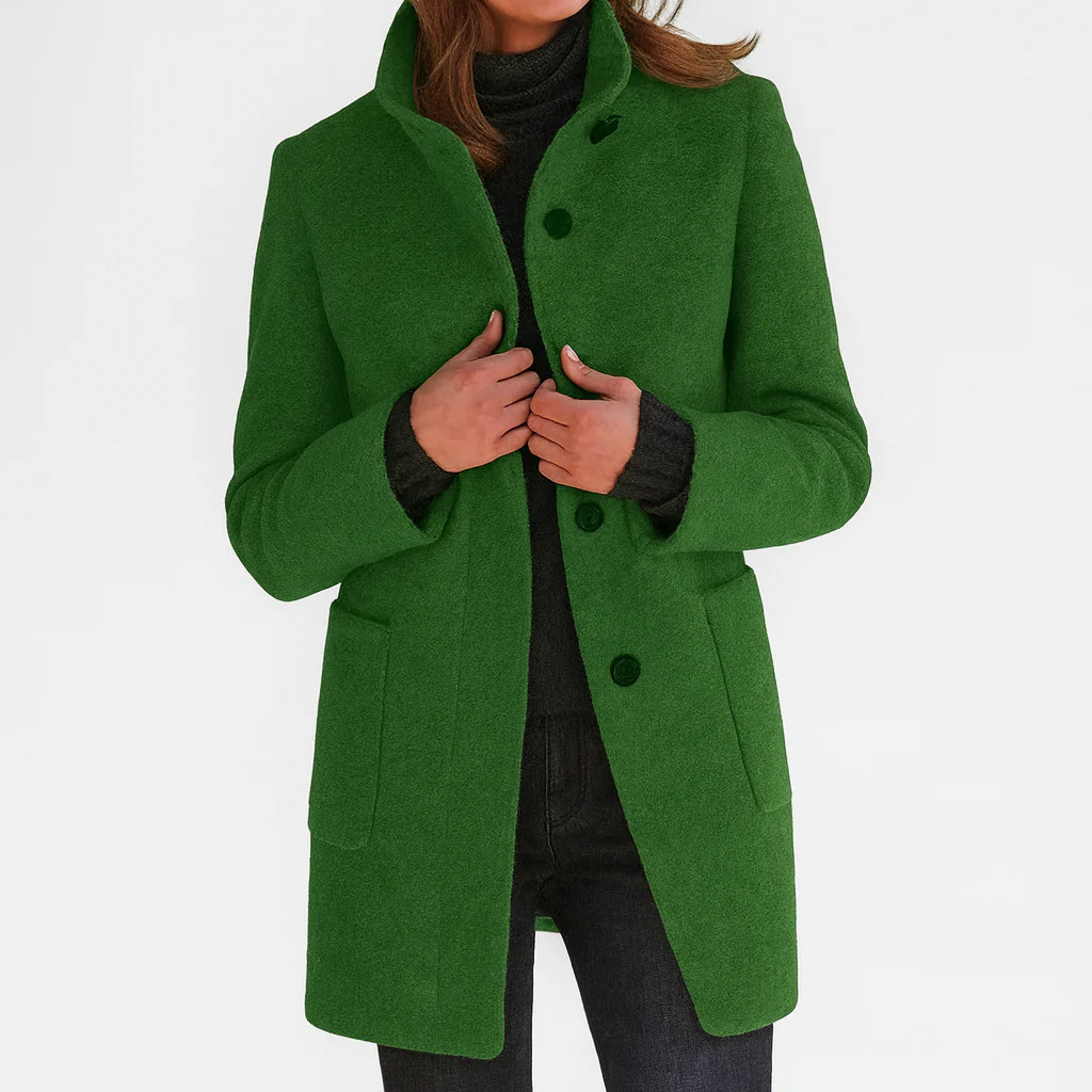 Women's longline coat with high collar, button front and patch pockets
