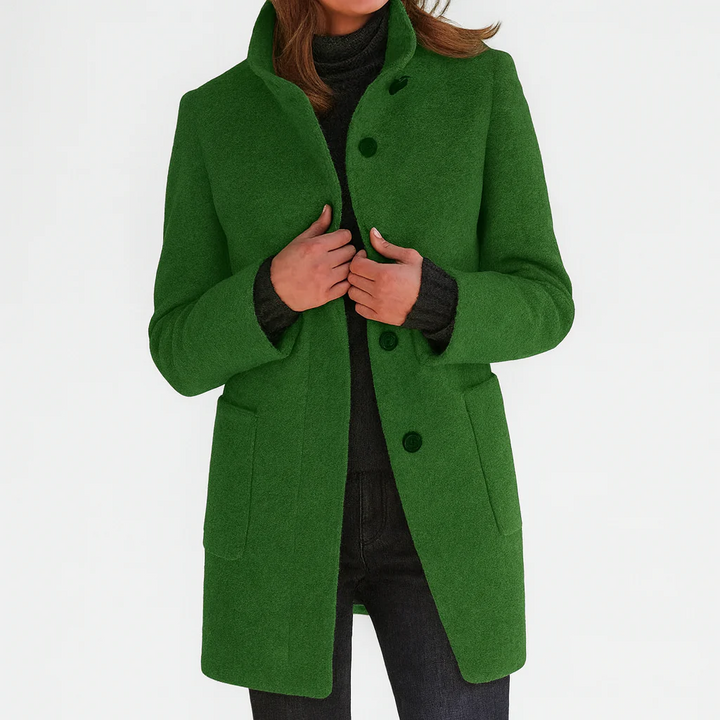 Women's longline coat with high collar, button front and patch pockets