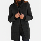 Women's longline coat with high collar, button front and patch pockets