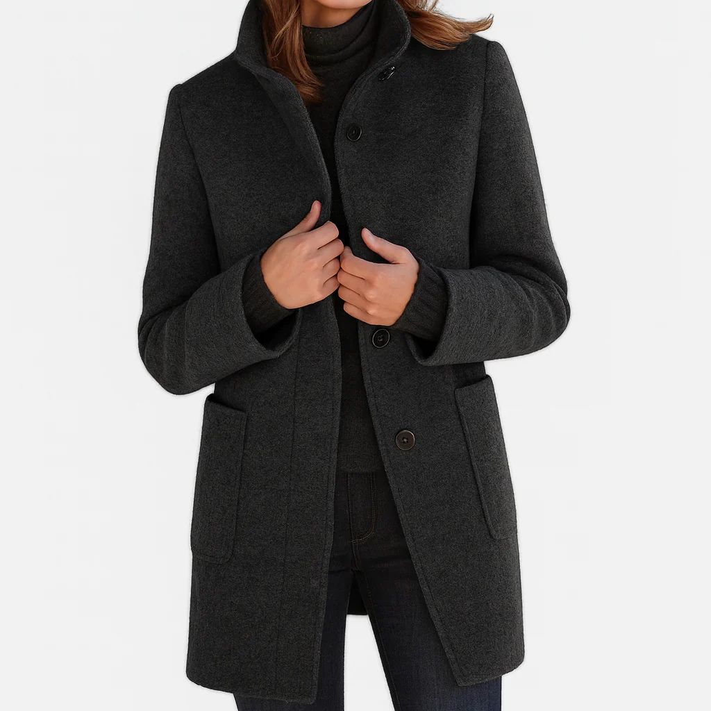 Women's longline coat with high collar, button front and patch pockets