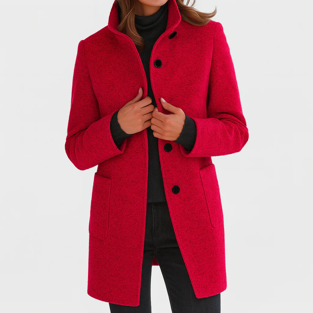 Women's longline coat with high collar, button front and patch pockets
