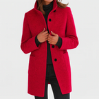 Women's longline coat with high collar, button front and patch pockets