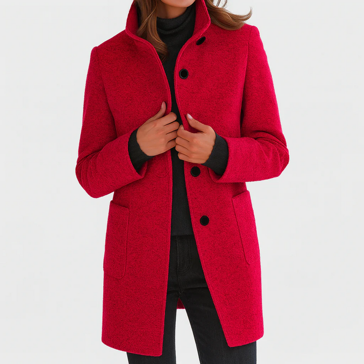 Women's longline coat with high collar, button front and patch pockets