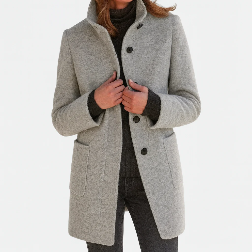 Women's longline coat with high collar, button front and patch pockets
