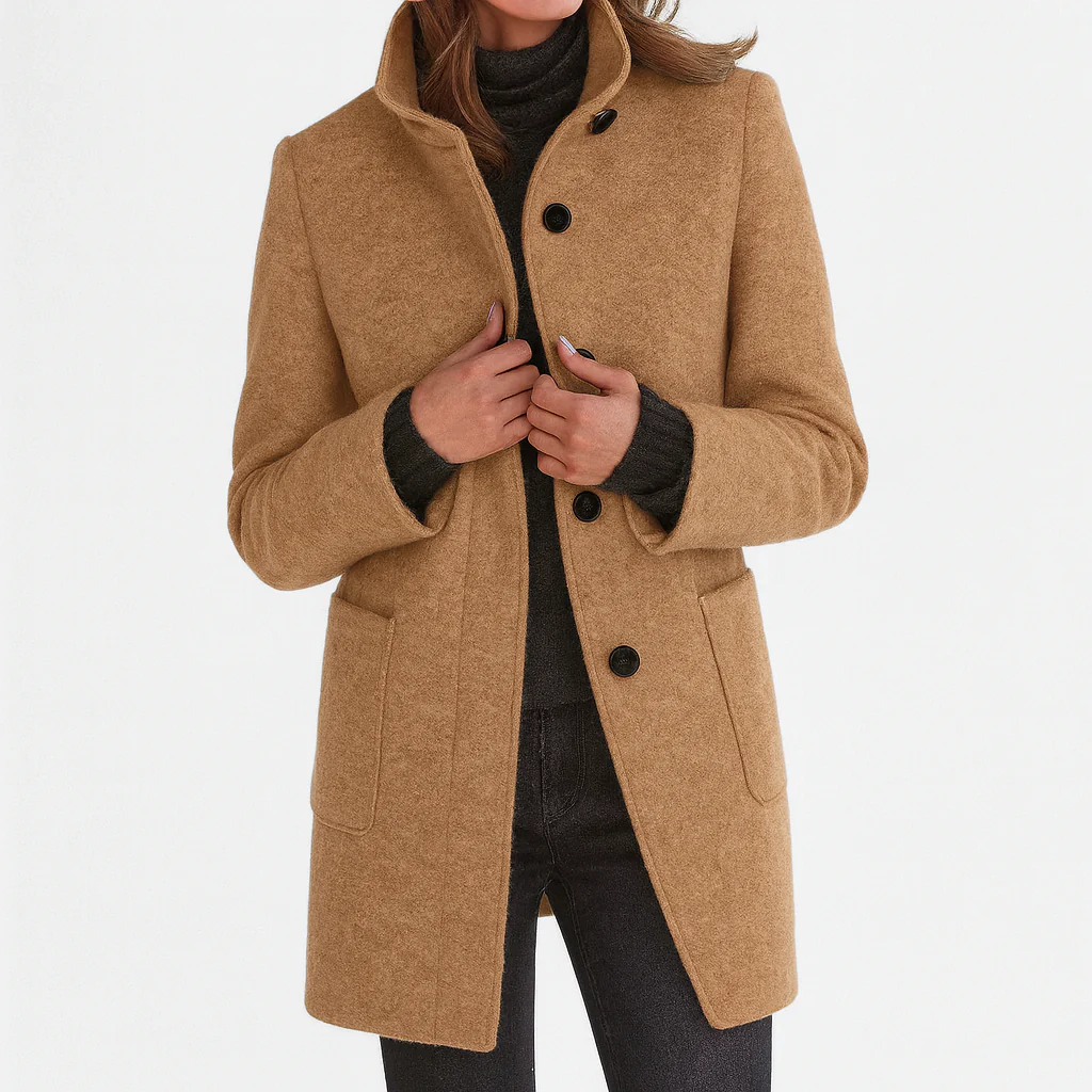 Women's longline coat with high collar, button front and patch pockets