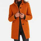 Women's longline coat with high collar, button front and patch pockets