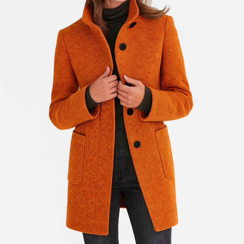 Women's longline coat with high collar, button front and patch pockets