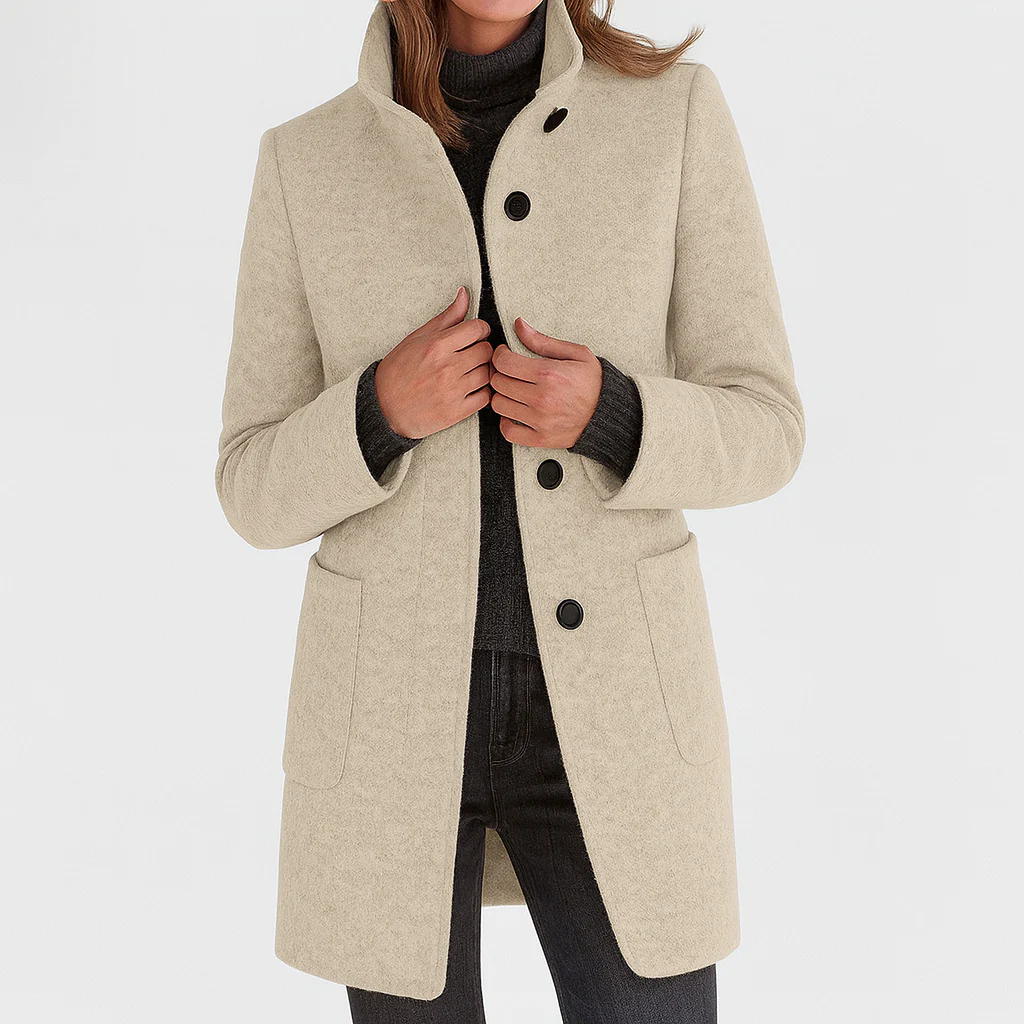 Women's longline coat with high collar, button front and patch pockets