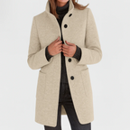 Women's longline coat with high collar, button front and patch pockets